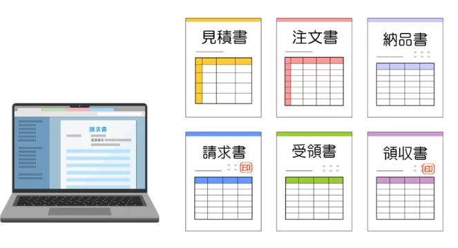 見積書、注文書、納品書、請求書、受領書、領収書などすぐに管理できます