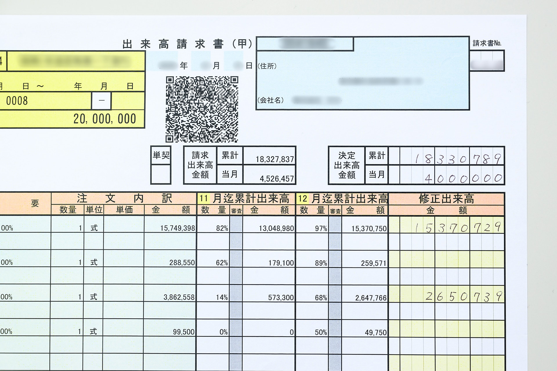 印字された請求書の例