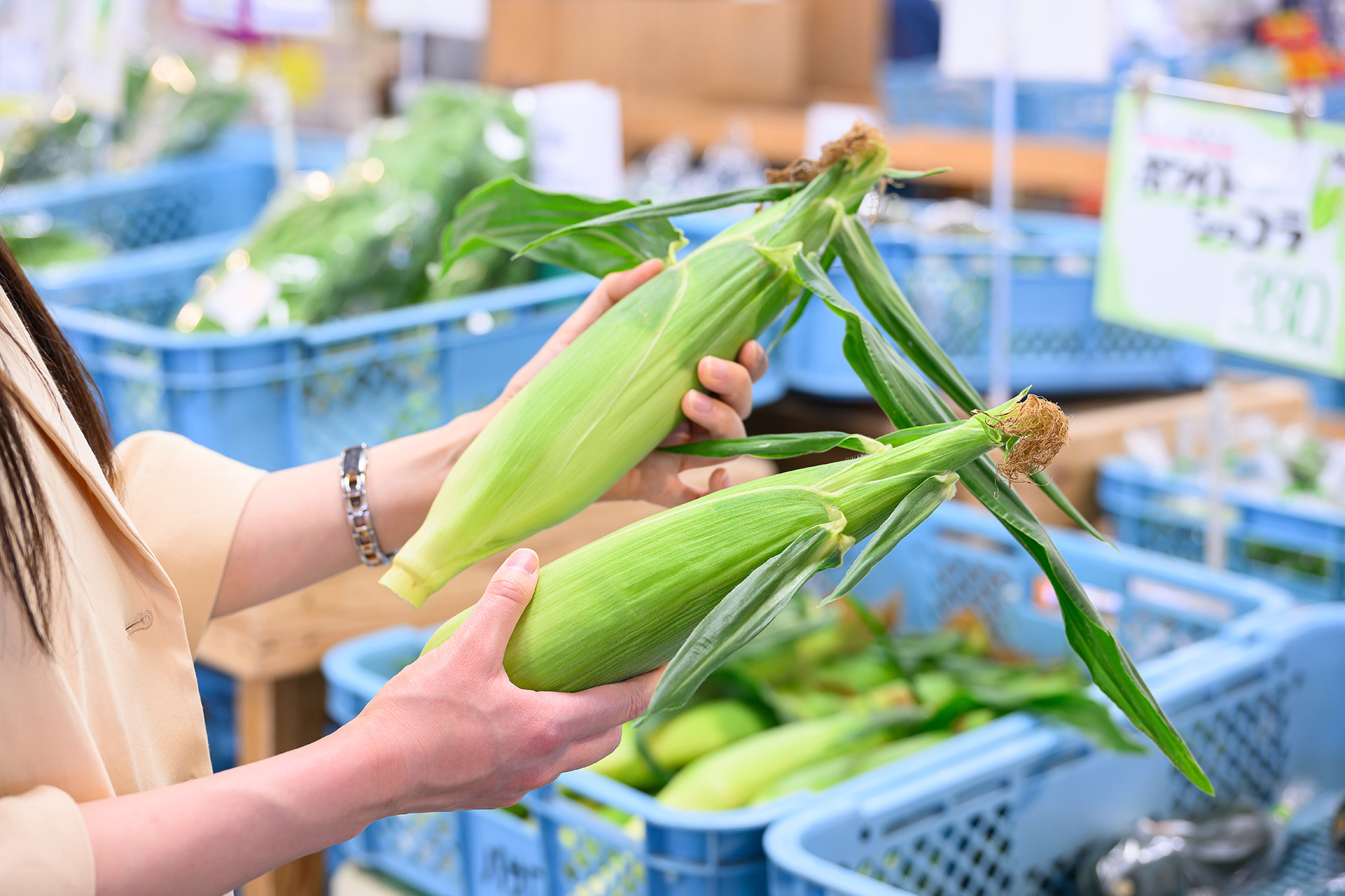 野菜売り場のトウモロコシの写真