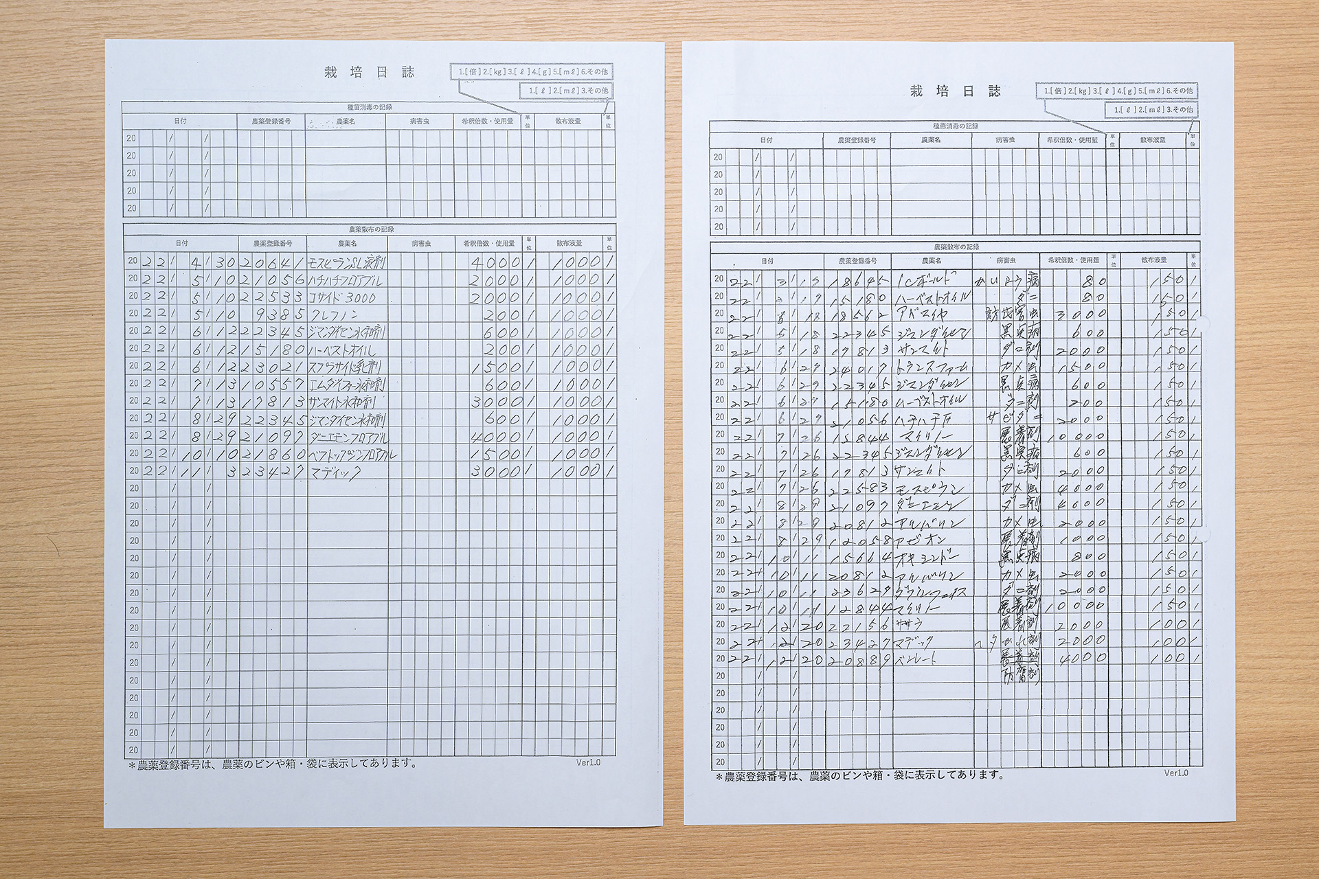 芦北でこぽん用「栽培日誌管理システム」の管理シートの裏面の写真