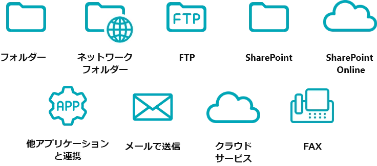 リリース機能として、画像出力ができる各種保存先、連携可能なサービス、連携可能な他アプリケーションを表した画像