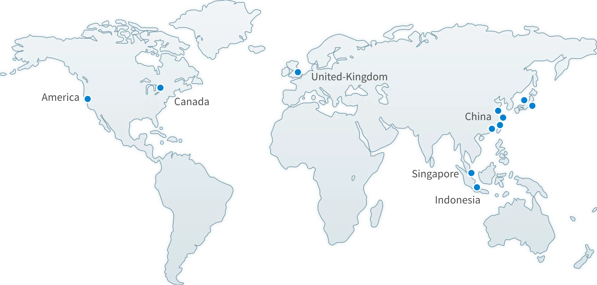 World map showing PFU’s overseas locations: America, Canada, United Kingdom, multiple cities in China, Singapore, Indonesia and Japan.