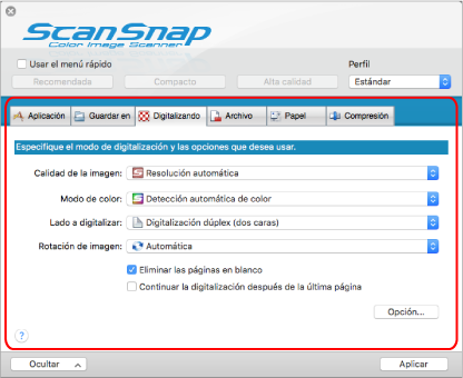 Ventana de configuración de ScanSnap