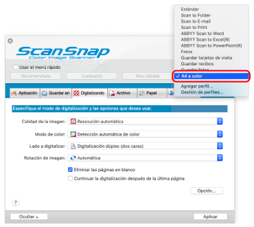 Ventana de configuración de ScanSnap