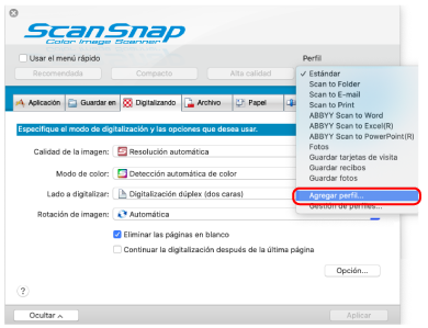 Ventana de configuración de ScanSnap