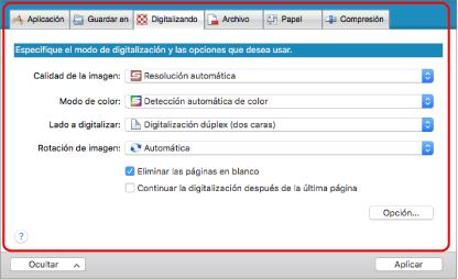 Ventana de configuración de ScanSnap