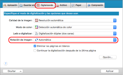 Ventana de configuración de ScanSnap