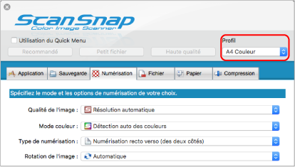 Fenêtre de configuration du ScanSnap