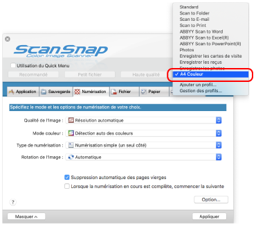 Fenêtre de configuration du ScanSnap
