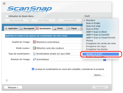 Fenêtre de configuration du ScanSnap