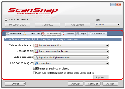 Ventana de configuración de ScanSnap