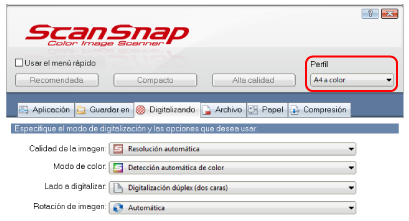 Ventana de configuración de ScanSnap