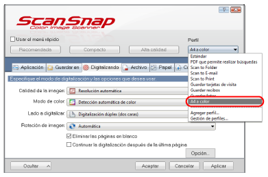 Ventana de configuración de ScanSnap