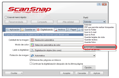 Ventana de configuración de ScanSnap