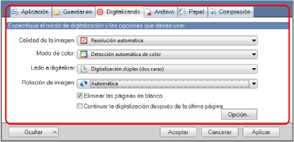 Ventana de configuración de ScanSnap