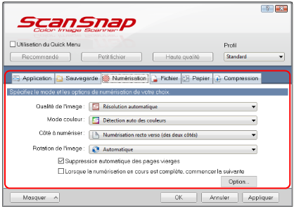 Fenêtre de configuration du ScanSnap