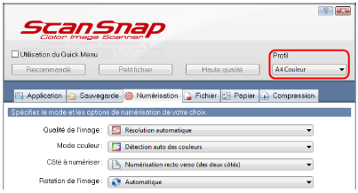 Fenêtre de configuration du ScanSnap