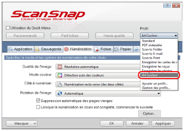 Fenêtre de configuration du ScanSnap