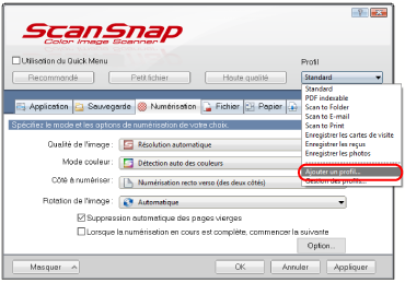 Fenêtre de configuration du ScanSnap
