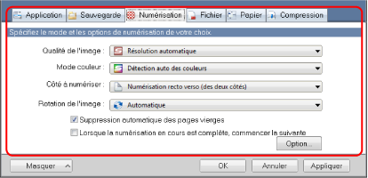 Fenêtre de configuration du ScanSnap