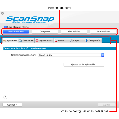 Ventana de configuración de ScanSnap