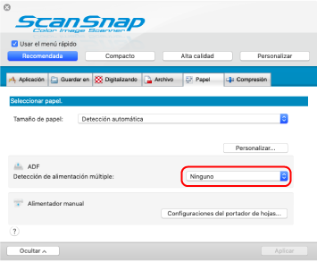 Ventana de configuración de ScanSnap