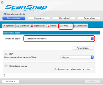 Ventana de configuración de ScanSnap