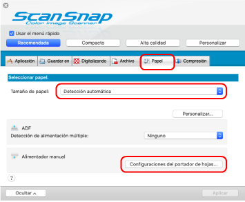 Ventana de configuración de ScanSnap