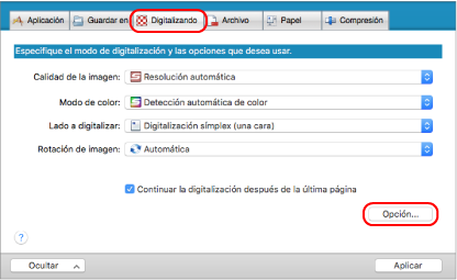 Ventana de configuración de ScanSnap