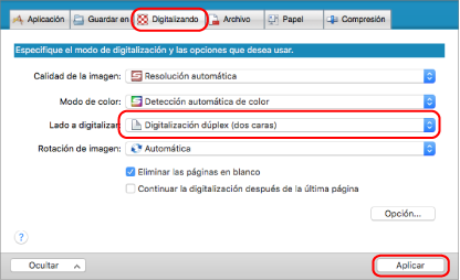 Ventana de configuración de ScanSnap
