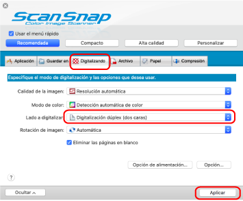 Ventana de configuración de ScanSnap