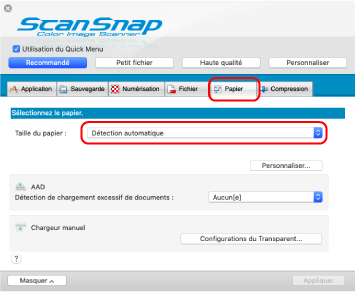 Fenêtre Configuration du ScanSnap