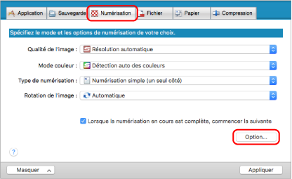 Fenêtre Configuration du ScanSnap