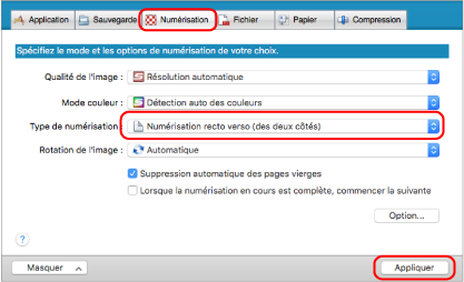 Fenêtre Configuration du ScanSnap