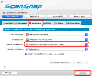 Fenêtre Configuration du ScanSnap