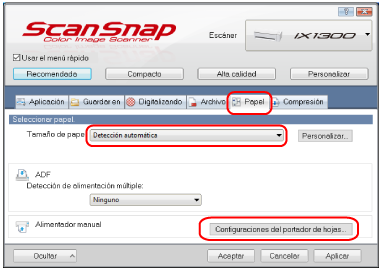 Ventana de configuración de ScanSnap