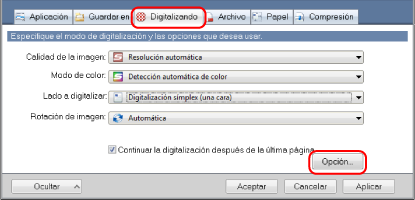 Ventana de configuración de ScanSnap