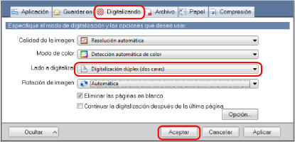 Ventana de configuración de ScanSnap