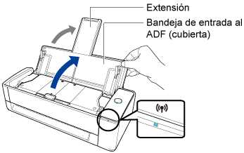 El indicador Wi-Fi se ilumina en color azul/Apertura de la bandeja de entrada al ADF (cubierta)