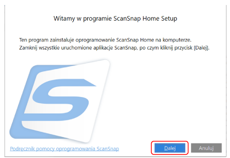 Witamy w programie konfiguracji ScanSnap Home Setup