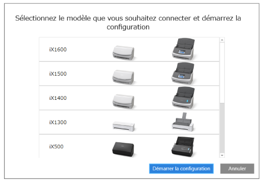 Sélectionner un scanneur à connecter et démarrer la configuration