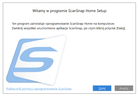 Witamy w programie konfiguracji ScanSnap Home Setup