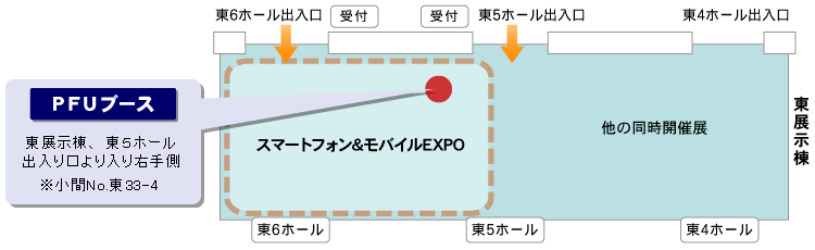 「PFUブース」東展示棟、東5ホール出入口より入り右手側 ※小間No.東33-4