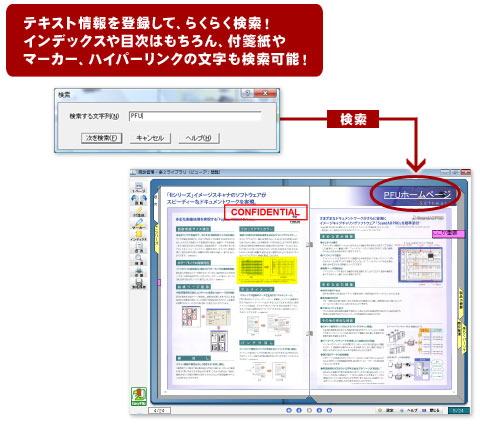 インデックスや目次、テキスト情報を登録して、目的のページを効率よく検索