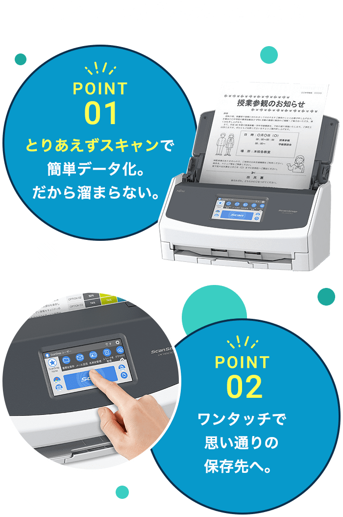 ScanSnapなら POINT 01 とりあえずスキャンで簡単データ化。だから溜まらない。POINT 02 ワンタッチで思い通りの保存先へ。