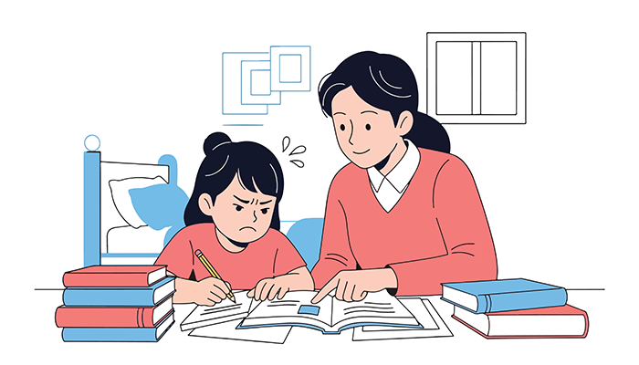 イメージ画像：難しい顔の子供と、その子供に勉強を教えている母親