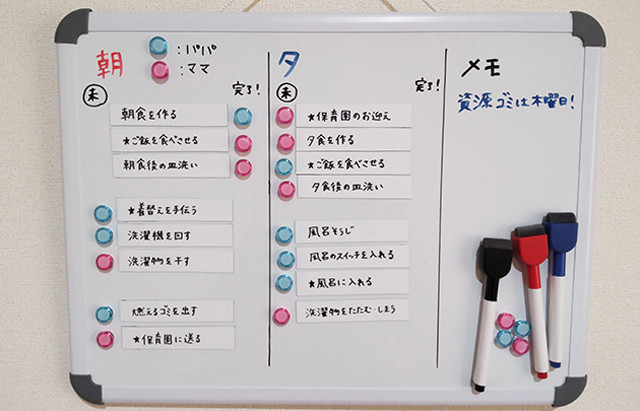 ホワイトボードとマグネットで作った家事分担表