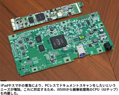 iPadやスマホの普及により、PCレスでドキュメントスキャンをしたいというニーズが増加。これに対応するため、iX500から画像処理用のCPU（GIチップ）を内蔵した