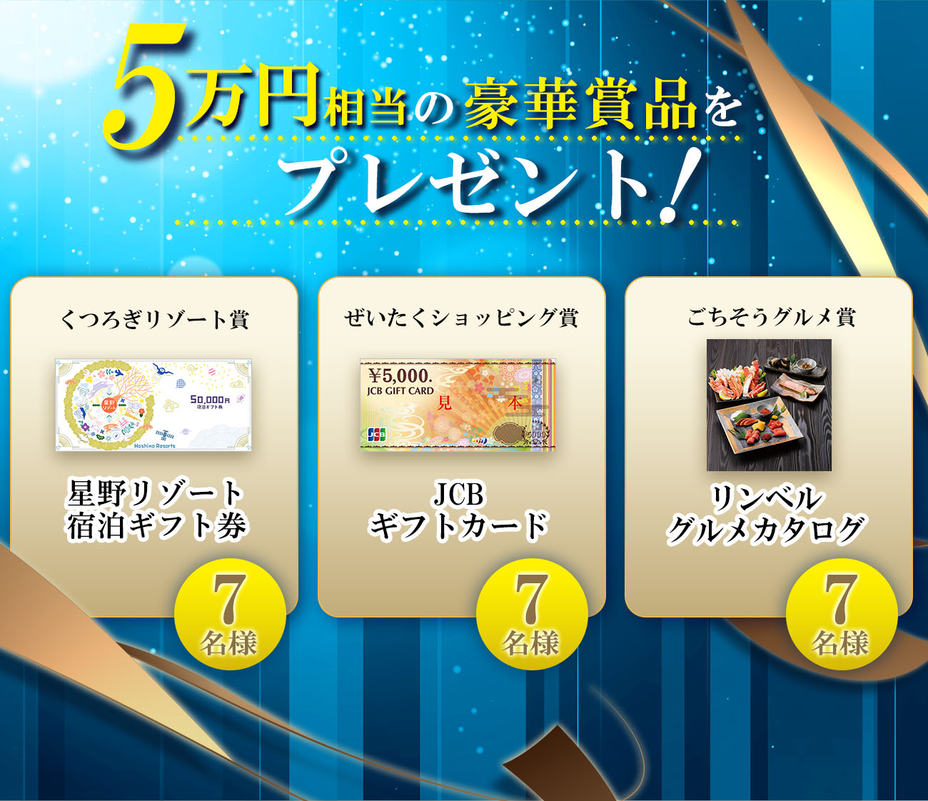 5万円相当の豪華賞品をプレゼント! 星野リゾート宿泊ギフト券(7名様) JCBギフトカード(7名様) リンベルグルメカタログ(7名様)