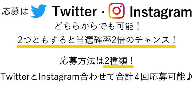 応募はTwitter・Instagramどちらからでも可能！2つともすると当選確率2倍のチャンス！応募方法は2種類！TwitterとInstagram合わせて合計4回応募可能♪